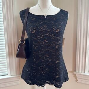 Cold water creek modern black lace curved tank top